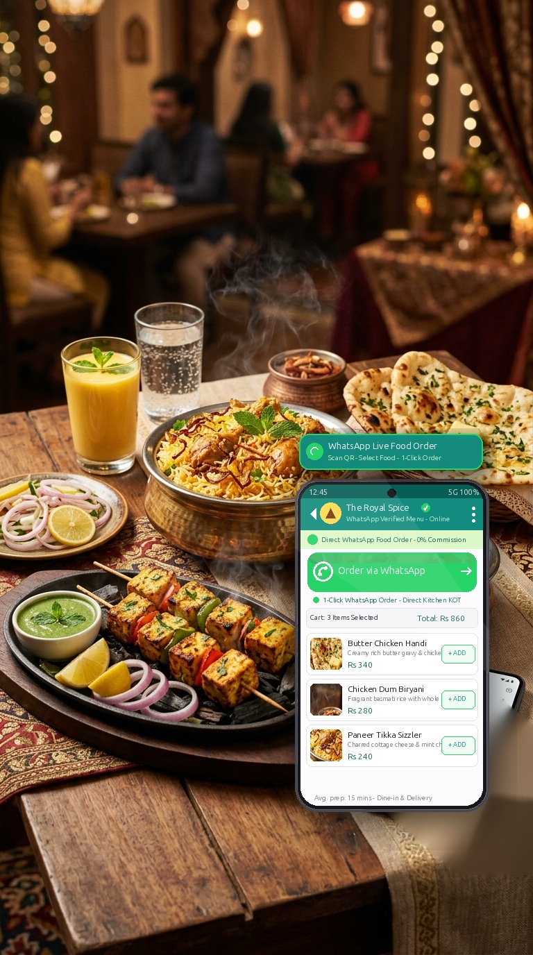 Indian restaurant table feast with biryani, paneer tikka, butter chicken, naan and WhatsApp QR menu