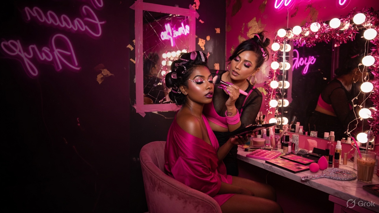 Makeup artist in a pink neon studio